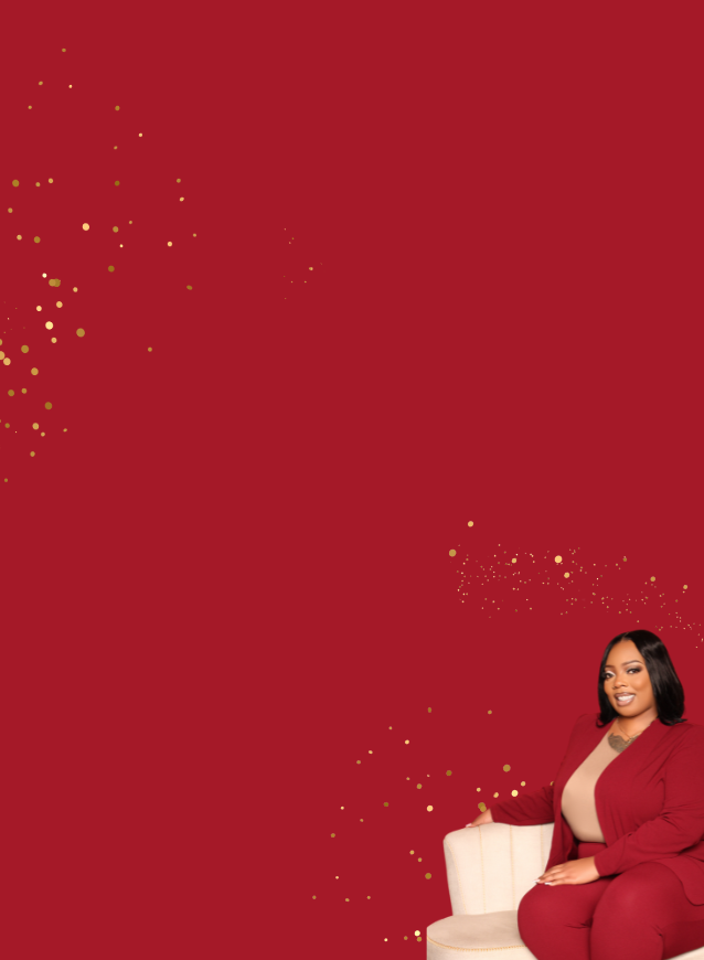 Woman wearing red sitting on couch